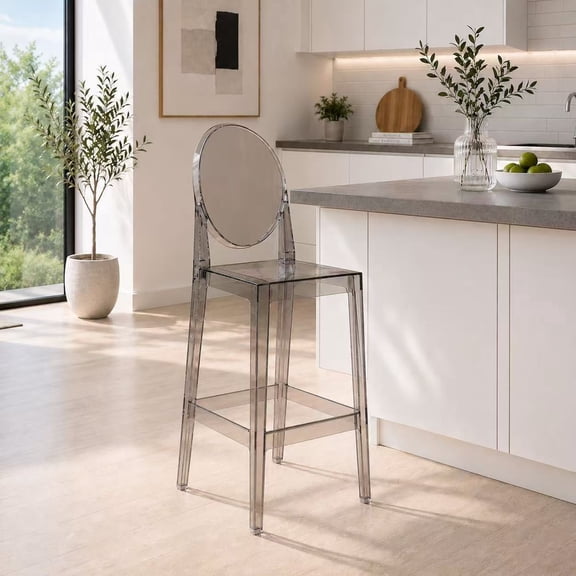 2xhome Modern Contemporary Dining Barstool 30" Seat Height Plastic Armless Trasnparent Stool with Legrest, Smoke, Set of 1, 1 piece
