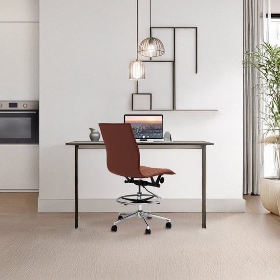 2xhome Modern Drafting Chair | Upholstered PU Leather Ribbed Armless Mid Back with Adjustable Base & Leg Rest| Tilt Lock| Computer, Home, Executive, Conference, Meetings (Brown), Set of 1, 1 piece
