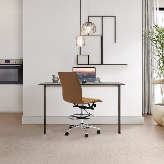 2xhome Modern Drafting Chair | Upholstered PU Leather Ribbed Armless Mid Back with Tall Adjustable Base & Leg Rest | Tilt Lock, Swivel | Computer, Home, Executive, Conference (Tan), Set of 1, 1 piece