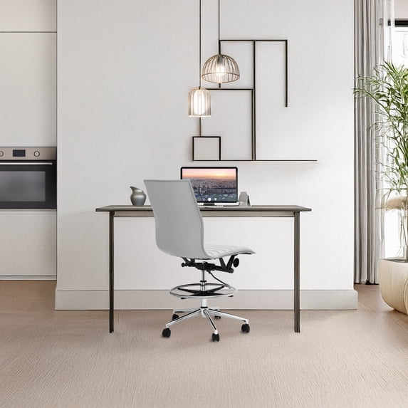 2xhome Modern Drafting Chair | Upholstered PU Leather Ribbed Armless Mid Back with Tall Adjustable Base & Leg Rest | Tilt Lock, Swivel | Computer, Home, Meetings (White), Set of 1, 1 piece