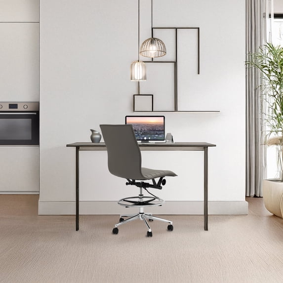 2xhome Modern Drafting Chair | Upholstered PU Leather Ribbed Armless Mid Back with Adjustable Base & Leg Rest | Tilt Lock, Swivel | Computer, Executive, Conference, Meetings (Gray), Set of 1, 1 piece