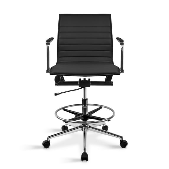 2xhome Modern Drafting Chair | Upholstered PU Leather Ribbed Mid Back with Adjustable Base & Leg Rest | Tilt Lock, Swivel | Computer Armchair for Home, Conference, Meetings (Black), Set of 1, 1 piece