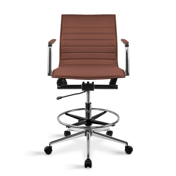 2xhome Modern Drafting Chair | Upholstered PU Leather Ribbed Mid Back with Tall Adjustable Base & Leg Rest| Tilt Lock| Computer Armchair for Executive, Conference, Meetings (Brown), Set of 1, 1 piece