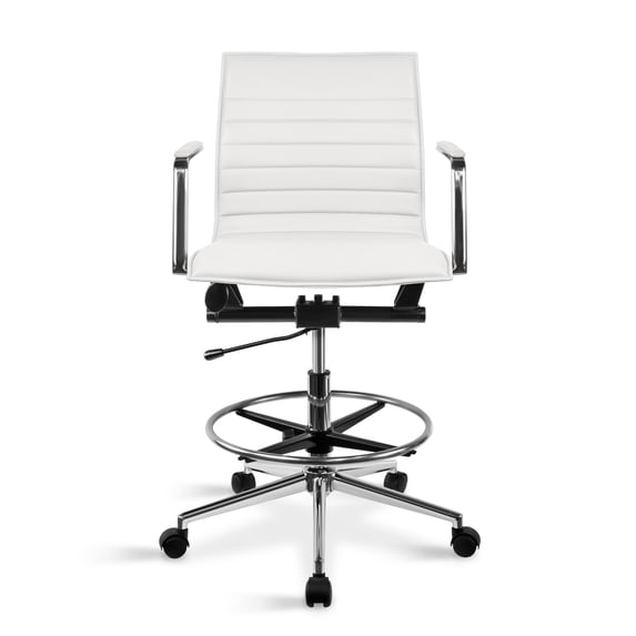 2xhome Modern Drafting Chair | Upholstered PU Leather Ribbed Mid Back with Tall Adjustable Base & Leg Rest | Tilt Lock| Computer Armchair for Home, Conference, Meetings (White), Set of 1, 1 piece