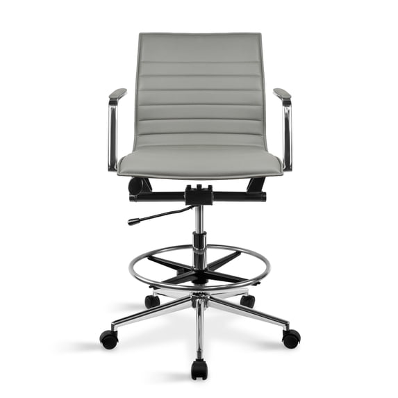2xhome Modern Drafting Chair | Upholstered PU Leather Ribbed Mid Back with Tall Adjustable Base & Leg Rest | Tilt Lock, Swivel | Computer Armchair, Executive, Meetings (Gray), Set of 1, 1 piece