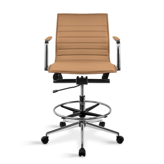 2xhome Modern Drafting Chair | Upholstered PU Leather Ribbed Mid Back with Tall Adjustable Base & Leg Rest | Tilt Lock| Computer Armchair for Home, Executive, Meetings (Tan), Set of 1, 1 piece
