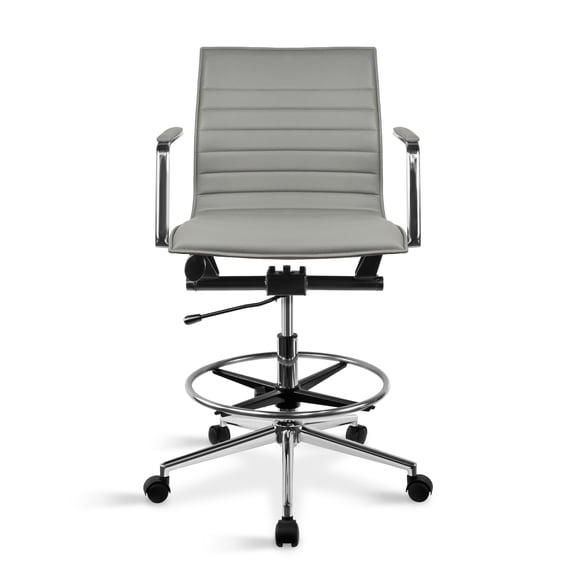 2xhome Modern Drafting Chair | Upholstered PU Leather Ribbed Mid Back with Tall Adjustable Base & Leg Rest | Tilt Lock, Swivel | Computer Armchair, Executive, Meetings (Gray), Set of 1, 1 piece