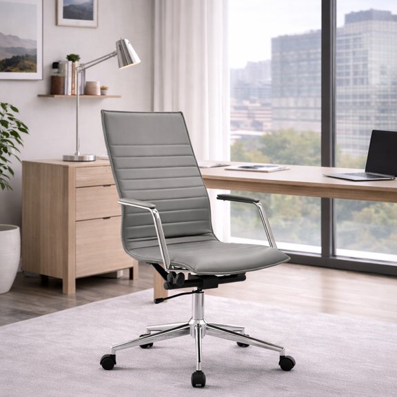2xhome Modern High Back Office Desk Chair | Upholstered Ribbed PU Leather with Metal Frame | Adjustable Height, Tilt Lock | Computer Armchair for Home, Conference, Meetings (Gray), Set of 1, 1 piece