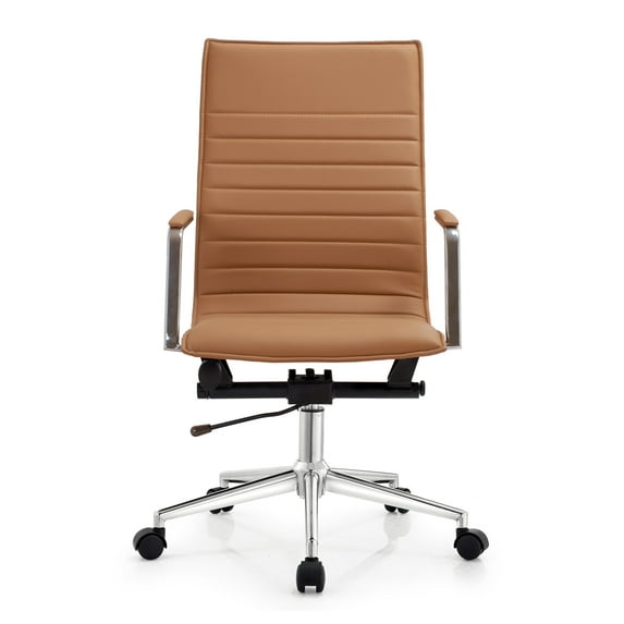 2xhome Modern High Back Office Desk Chair | Upholstered Ribbed PU Leather with Metal Frame | Adjustable Height, Tilt Lock | Computer Armchair for Home, Conference, Meetings (Beige), Set of 1, 1 piece