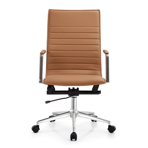 2xhome Modern High Back Office Desk Chair | Upholstered Ribbed PU Leather with Metal Frame | Adjustable Height, Tilt Lock | Computer Armchair for Home, Conference, Meetings (Beige), Set of 1, 1 piece