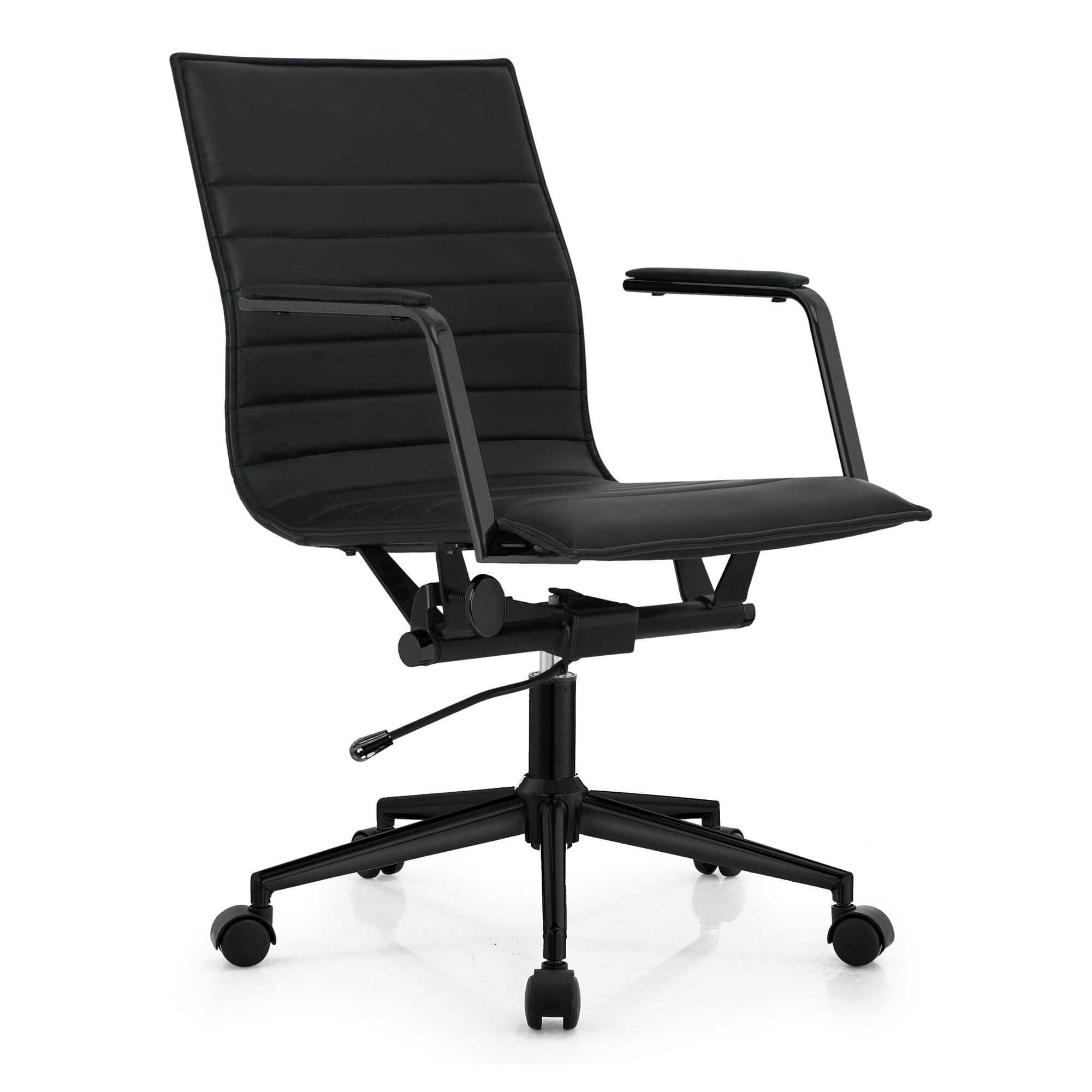 2xhome Modern Office Desk Chair | PU Leather Ribbed Back | Adjustable Height, Tilt Lock, All Black, Set of 1, 1 piece