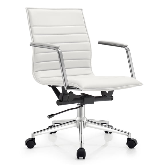 2xhome Modern Office Desk Chair | PU Leather Ribbed Back | Adjustable Height, Tilt Lock, White, Set of 1, 1 piece