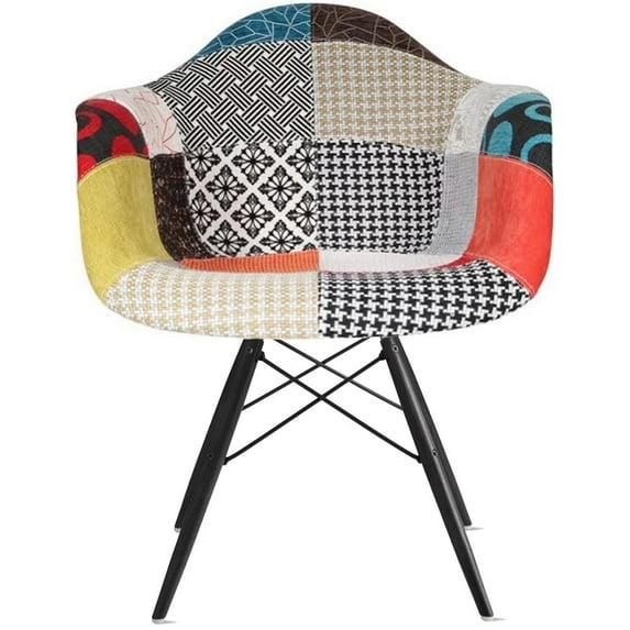 2xhome - Multi-color Sam - Modern Upholstered Style Armchair Fabric Chair Patchwork Multi-Pattern Black Wood Leg Dining Room Chair With Arm
