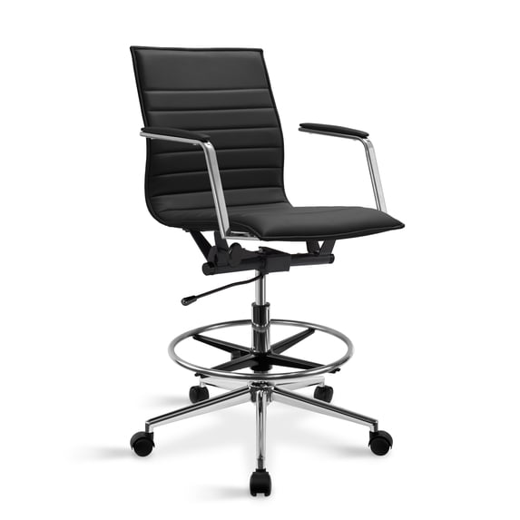 2xhome Office Drafting Chair Ribbed Mid Back With Wheels And Arms For Home Office Conference Room Tilt Ribbed Adjustable Height Chrome Swivel with Chrome Foot Rest Black, Set of 1, 1 piece