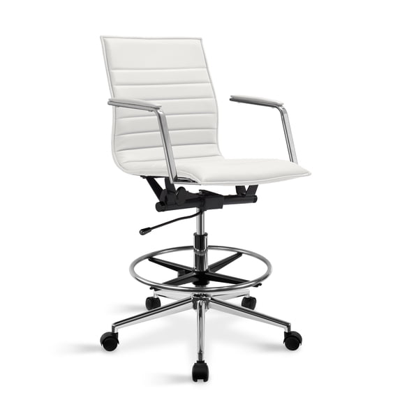 2xhome Office Drafting Chair Ribbed Mid Back With Wheels And Arms For Home Office Conference Room Tilt Ribbed Adjustable Height Chrome Swivel with Chrome Foot Rest White, Set of 1, 1 piece