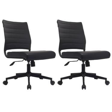 2xhome Set of 2 Black Modern Ergonomic Executive Mid Back PU Leather No Arms Rest Tilt Adjustable Height Wheels Cushion Lumbar Support Swivel Office Chair Home Task Desk Armless on Black Base