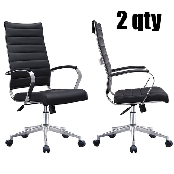 2xhome Set of 2 - Black- Modern High Back Tall Ribbed PU Leather Swivel Tilt Adjustable Chair Designer Boss Executive Management Manager Office Conference Room Work Task Computer