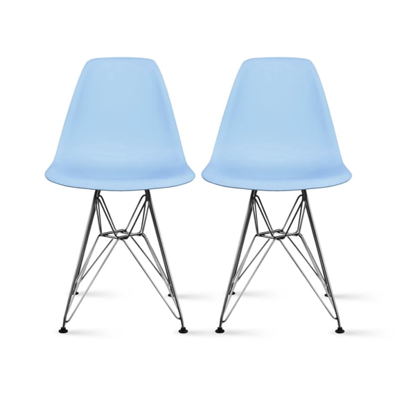 2xhome Set of 2 Blue Desk Chair Mid Century Modern Plastic Molded Shell Assembled Chairs Chrome Wire Metal Eiffel Side Armless No Arms DSW for Work Office Dining Living Kitchen Bedroom