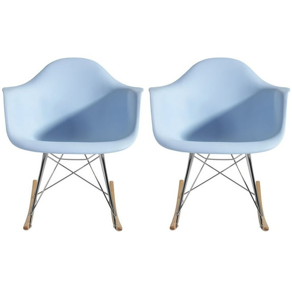 2xhome - Set of 2 Blue - Molded Modern Plastic Armchair - Contemporary Accent Retro Rocker Chrome Steel Eiffel Base - Ash Wood Rockers - Rocking Style Lounge Cradle Arm Chair