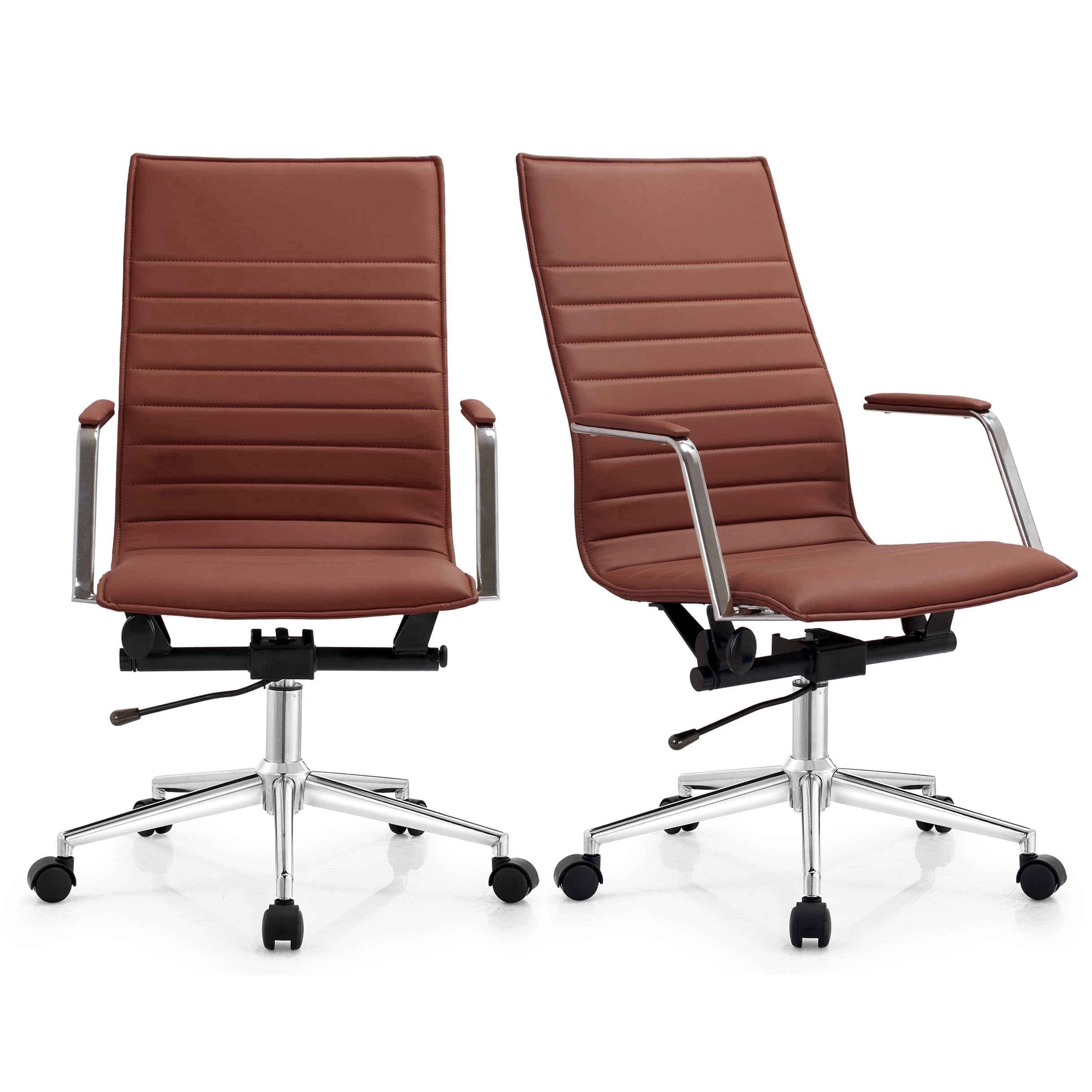 2xhome - Set of 2 Brown Mid Century Modern High Back Tall Ribbed PU Leather Swivel Tilt Adjustable Chair Designer Boss Executive Manager Office Conference Room Work Task Computer