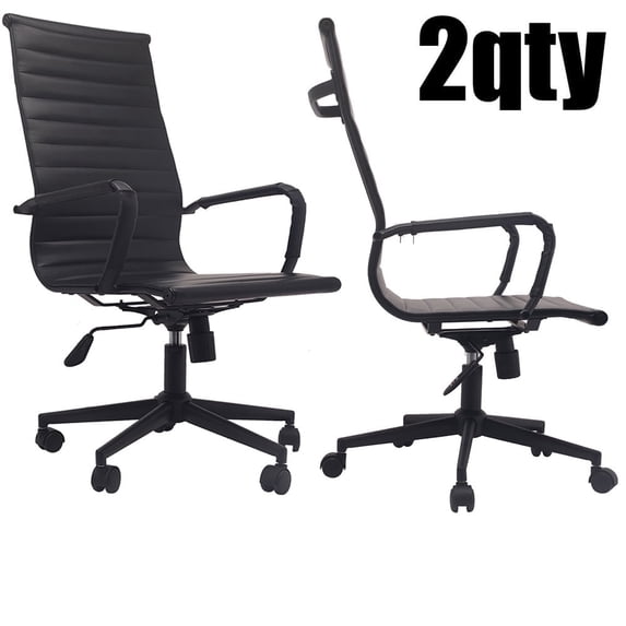 2xhome Set of 2 Designer PU Leather with Arms wheels Swivel Tilt Adjustable Executive Mid Century Office Chair High Back Ribbed Modern Work Task Computer Black Desk Chair on Black Base