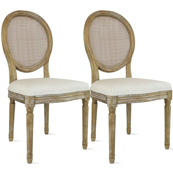 2xhome - Set of 2 French Chic Vintage Style Dining Chairs With Upholstered Linen Fabric And Elegant Natural Rustic Wood Frame - Rattan Wicker Oval Back