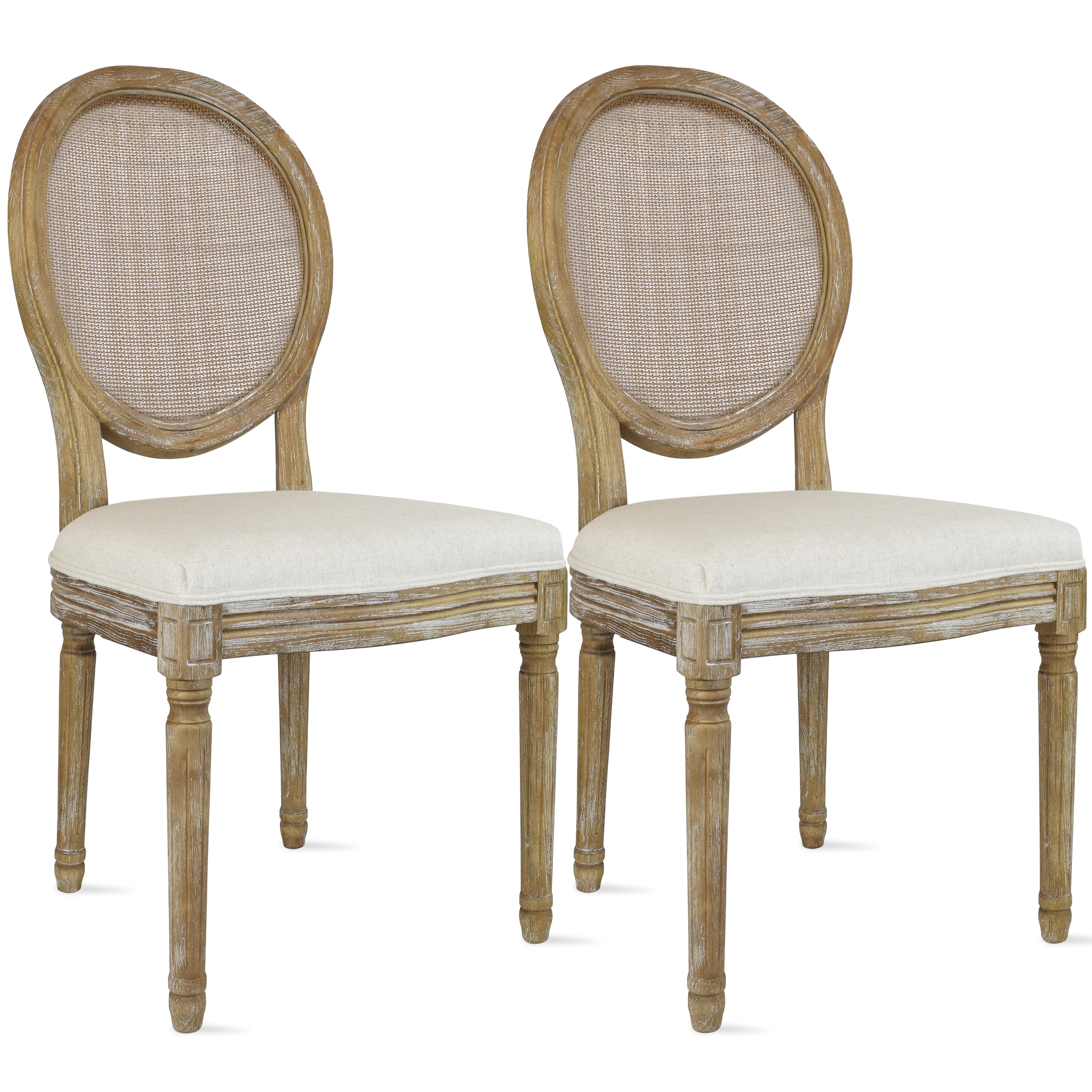 Beige Linen Upholstered Side Chair with Cane Wood Frame