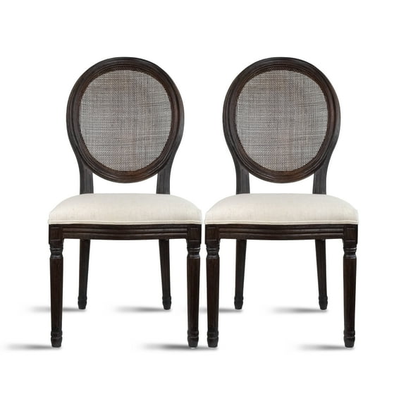 2xhome - Set Of 2 French Chic Vintage Style Dining Side Chair With Upholstered Linen Welted Fabric And Elegant Natural Rustic Wood Frame - Rattan Wicker Oval Back