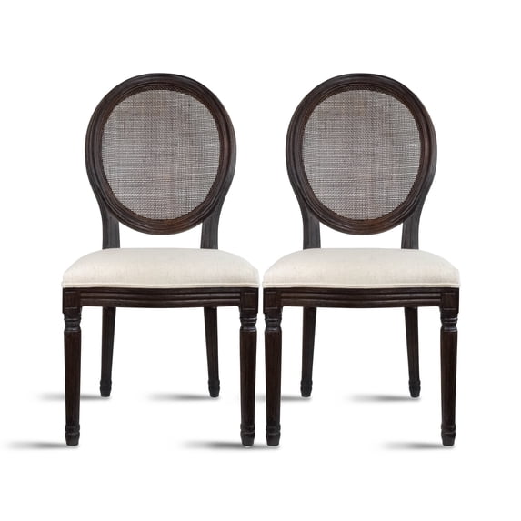 2xhome - Set Of 2 French Chic Vintage Style Dining Side Chair With Upholstered Linen Welted Fabric And Elegant Natural Rustic Wood Frame - Rattan Wicker Oval Back