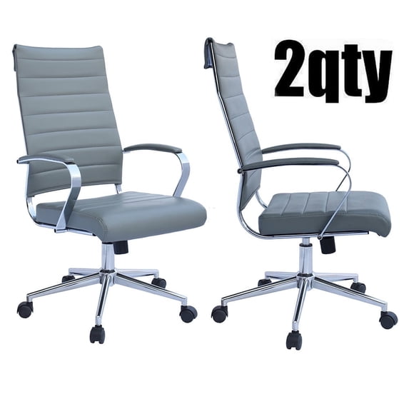 2xhome Set of 2 - Gray - Modern High Back Tall Ribbed PU Leather Swivel Tilt Adjustable Chair Designer Boss Executive Management Manager Office Conference Room Work Task Computer