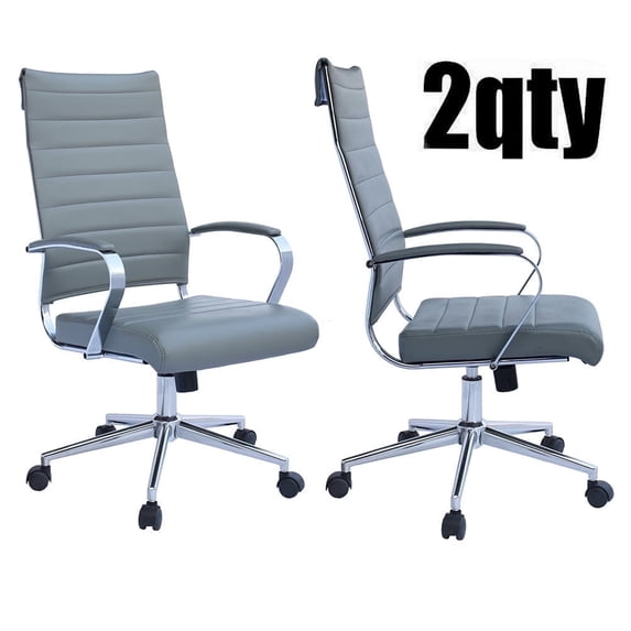 2xhome Set of 2 - Gray - Modern High Back Tall Ribbed PU Leather Swivel Tilt Adjustable Chair Designer Boss Executive Management Manager Office Conference Room Work Task Computer