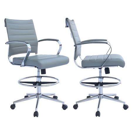 2xhome Set of 2 Gray Office Drafting Chair Ribbed Padded Open Mid Back With Wheels And Arms For Home Office Conference Room Tilt Ribbed Adjustable Height Chrome Swivel Work