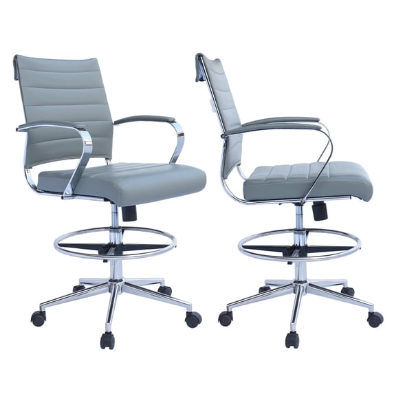 2xhome Set of 2 Gray Office Drafting Chair Ribbed Padded Open Mid Back With Wheels And Arms For Home Office Conference Room Tilt Ribbed Adjustable Height Chrome Swivel Work