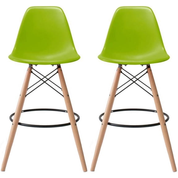 2xhome Set of 2 Green 28" Seat Height Modern Plastic Style Bar Stool Barstool Counter Stools with backs and armless Natural Legs Wood Eiffel Legs Dowel-Leg