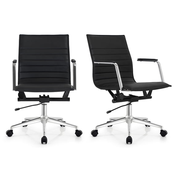 2xhome Set of 2 Mid Century Office Swivel Task Chair With Arms Wheels Modern Black Desk Chair Ergonomic Mid back PU Leather Arm Rest Adjustable Height
