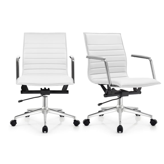 2xhome Set of 2 Mid Century Office Swivel Task Chair With Arms Wheels Modern White Desk Chair Ergonomic Mid back PU Leather Arm Rest Adjustable Height