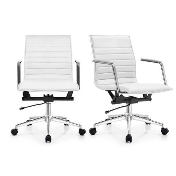 2xhome Set of 2 Mid Century Office Swivel Task Chair With Arms Wheels Modern White Desk Chair Ergonomic Mid back PU Leather Arm Rest Adjustable Height