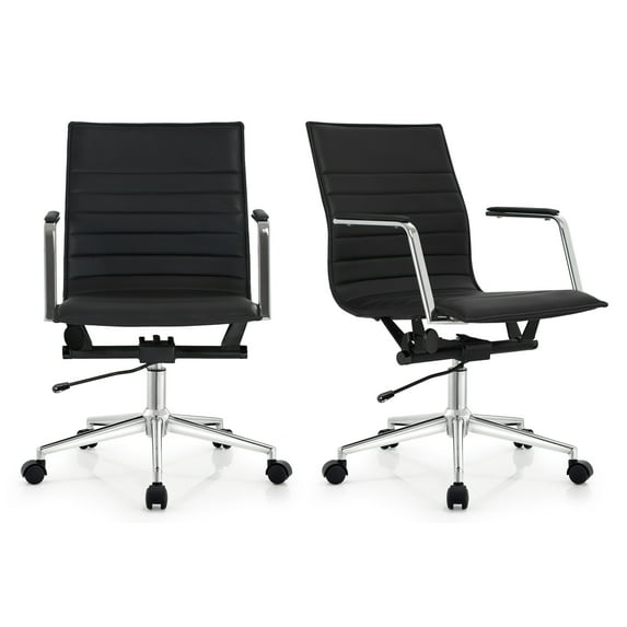 2xhome Set of 2 Mid Century Office Swivel Task Chair With Arms Wheels Modern Black Desk Chair Ergonomic Mid back PU Leather Arm Rest Adjustable Height