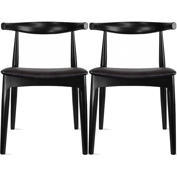 2xhome Set of 2 Mid-century Modern Solid Wood Dining Chair with Upholstered Faux Leather Seat, Low Open Back Side Chair for Dining Room, Kitchen & Breakfast Nook, Black