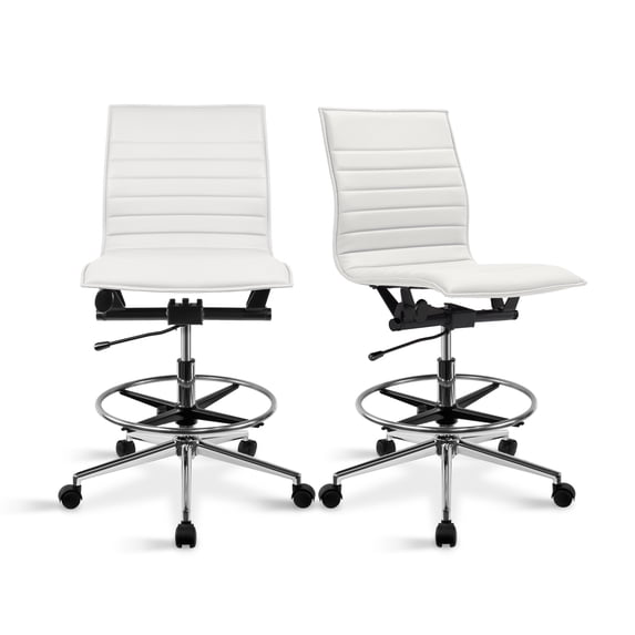 2xhome Set of 2 Modern Drafting Chair | Upholstered PU Leather Ribbed Armless Mid Back with Tall Adjustable Base & Leg Rest Swivel, Home, Executive, Conference, Meetings (White)