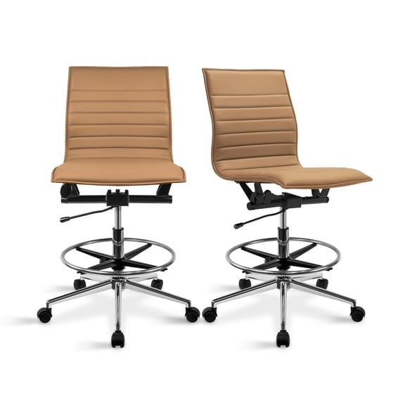 2xhome Set of 2 Modern Drafting Chair | Upholstered PU Leather Ribbed Armless Mid Back with Tall Adjustable Base & Leg Rest Swivel, Home, Executive, Conference, Meetings (Beige)