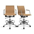 thumbnail image 1 of 2xhome Set of 2 Modern Drafting Chair | Upholstered PU Leather Ribbed Mid Back with Tall Adjustable Base & Leg Rest | Computer Armchair for Home, Executive, Conference, Meetings (Tan), 1 of 13
