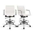 thumbnail image 1 of 2xhome Set of 2 Modern Drafting Chair | Upholstered PU Leather Ribbed Mid Back with Tall Adjustable Base & Leg Rest | Computer Armchair for Home, Executive, Conference, Meetings (White), 1 of 13
