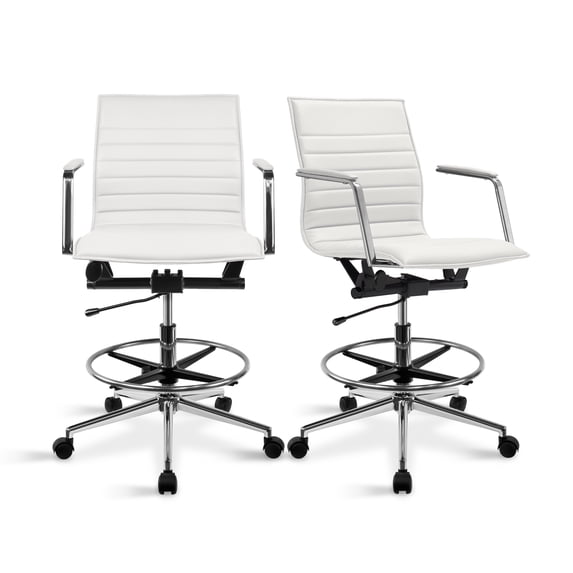 2xhome Set of 2 Modern Drafting Chair | Upholstered PU Leather Ribbed Mid Back with Tall Adjustable Base & Leg Rest | Computer Armchair for Home, Executive, Conference, Meetings (White)