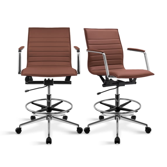 2xhome Set of 2 Modern Drafting Chair | Upholstered PU Leather Ribbed Mid Back with Tall Adjustable Base & Leg Rest | Computer Armchair for Home, Executive, Conference, Meetings (Brown)