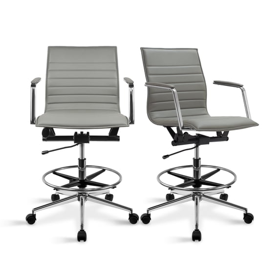 2xhome Set of 2 Modern Drafting Chair | Upholstered PU Leather Ribbed Armless Mid Back with Tall Adjustable Base & Leg Rest | Computer, Home, Executive, Conference, Meetings (Gray)