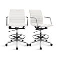 thumbnail image 1 of 2xhome Set of 2 Modern Drafting Chair | Upholstered PU Leather Ribbed Mid Back with Tall Adjustable Base & Leg Rest | Computer Armchair for Home, Executive, Conference, Meetings (White), 1 of 13