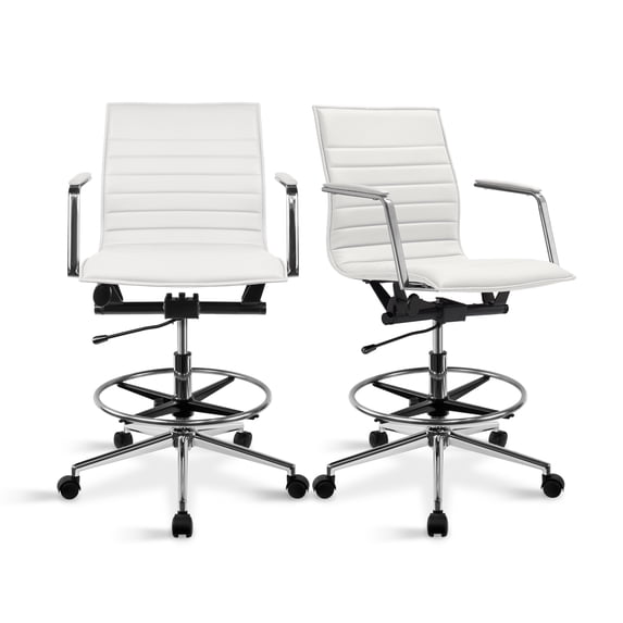 2xhome Set of 2 Modern Drafting Chair | Upholstered PU Leather Ribbed Mid Back with Tall Adjustable Base & Leg Rest | Computer Armchair for Home, Executive, Conference, Meetings (White)