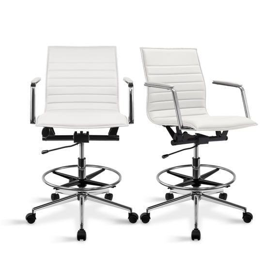 2xhome Set of 2 Modern Drafting Chair | Upholstered PU Leather Ribbed Mid Back with Tall Adjustable Base & Leg Rest | Computer Armchair for Home, Executive, Conference, Meetings (White)