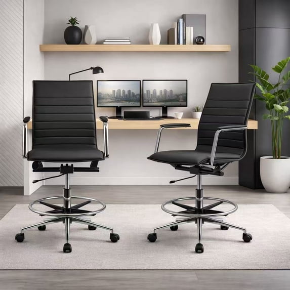 2xhome Set of 2 Modern Drafting Chair | Upholstered PU Leather Ribbed Mid Back with Tall Adjustable Base & Leg Rest | Computer Armchair for Home, Executive, Conference, Meetings (Black)